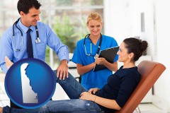 de map icon and an orthopedist examining a patient
