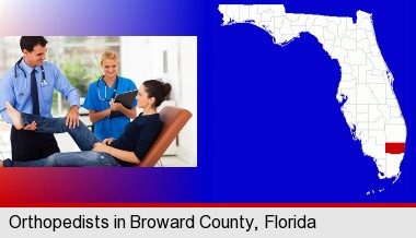 an orthopedist examining a patient; Broward County highlighted in red on a map