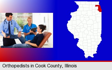 an orthopedist examining a patient; Cook County highlighted in red on a map