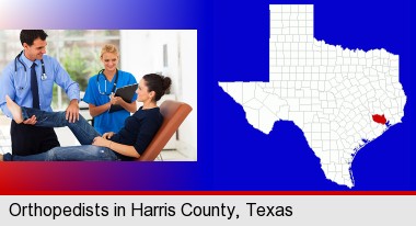 an orthopedist examining a patient; Harris County highlighted in red on a map