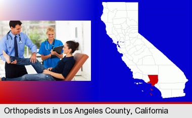 an orthopedist examining a patient; Los Angeles County highlighted in red on a map