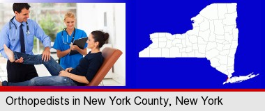 an orthopedist examining a patient; New York County highlighted in red on a map