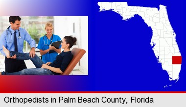 an orthopedist examining a patient; Palm Beach County highlighted in red on a map