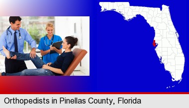 an orthopedist examining a patient; Pinellas County highlighted in red on a map