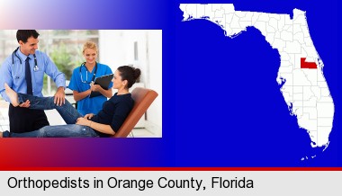 an orthopedist examining a patient; Orange County highlighted in red on a map