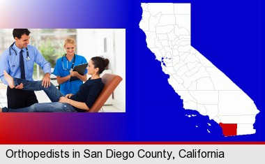 an orthopedist examining a patient; San Diego County highlighted in red on a map